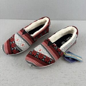 TOMS Alpargata Slippers Women 9.5 Red Multi Fair Isle  Sweater Knit Fleece NWT